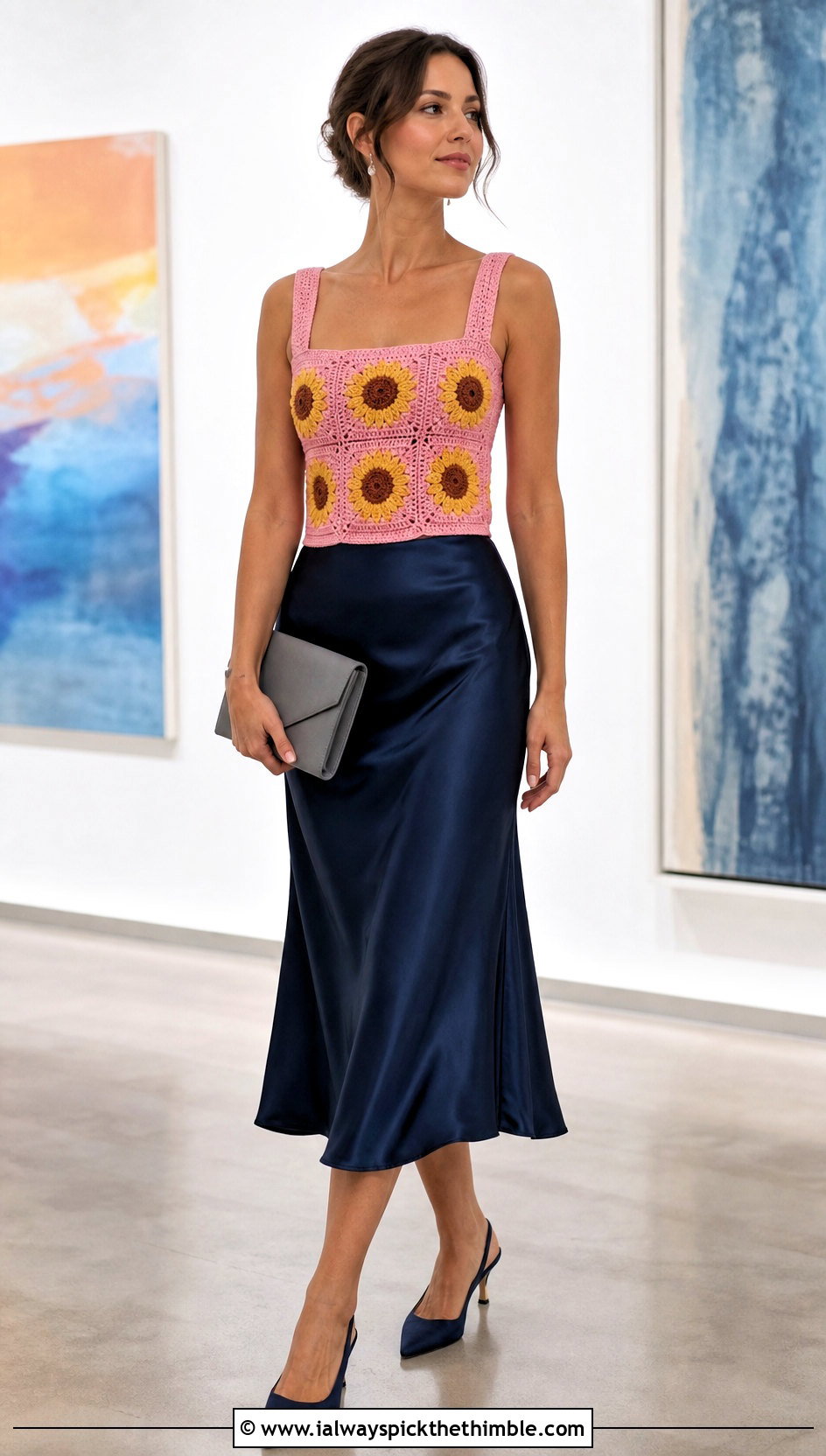 Square Neck Sunflower Tank Top With Satin Midi Skirt - 15 crochet sunflower tank top outfit ideas