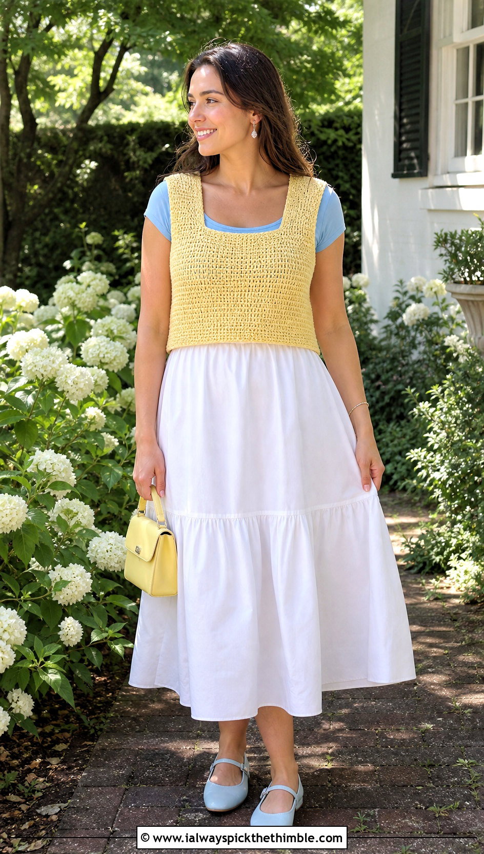 Square Neck Tunisian Crochet Vest With Poplin Midi Skirt - 20 Tunisian Crochet Vest outfit ideas