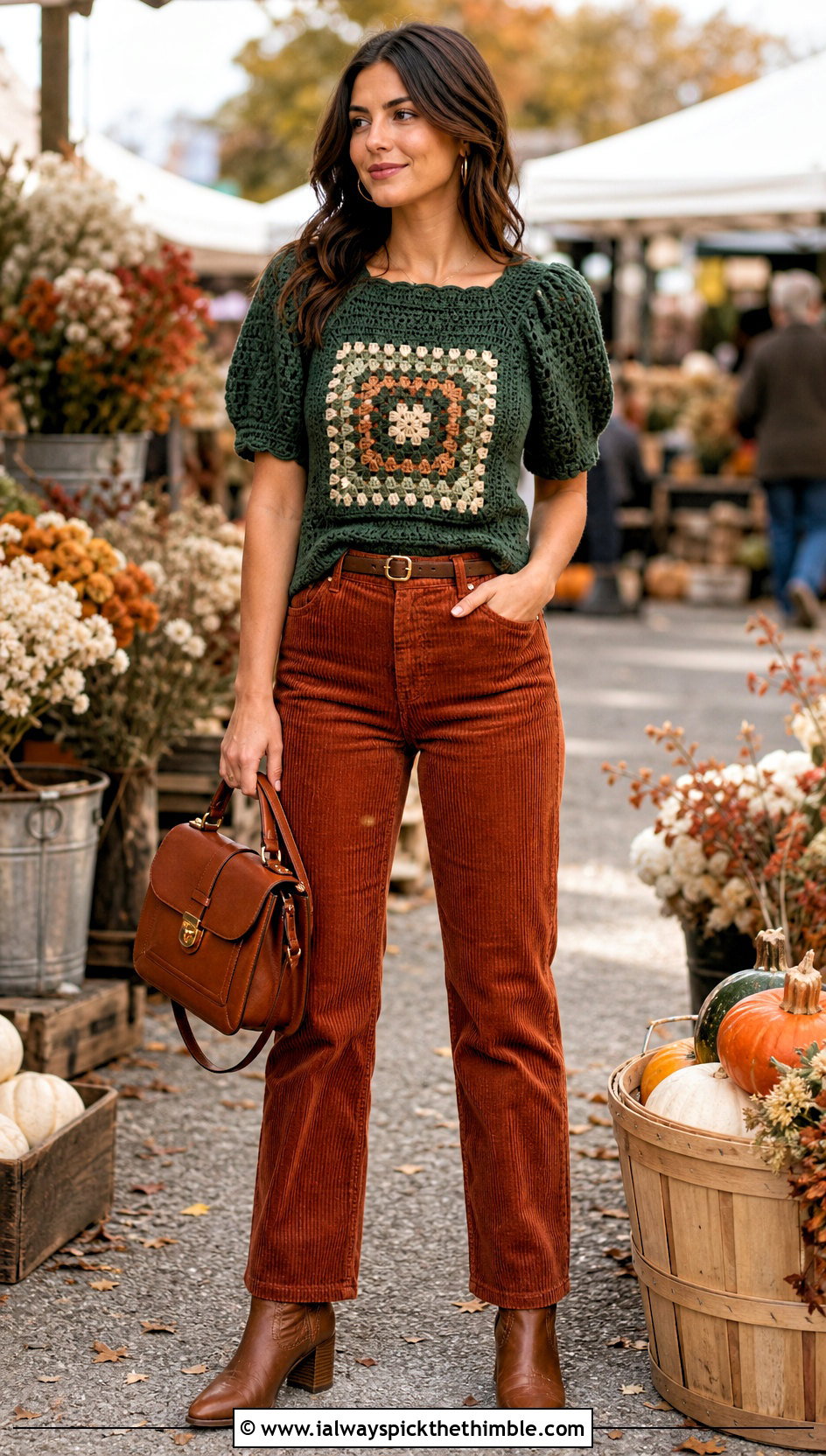 Square Panel Crochet Puff Sleeve Top With Corduroy Pants - 25 crochet puff sleeve top outfit ideas