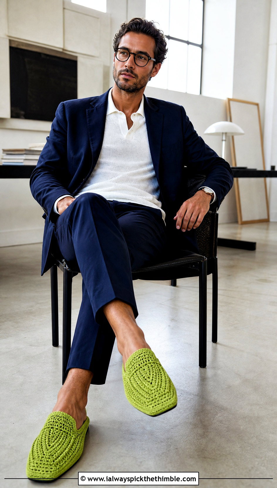 Square Toe Crochet Slippers With Relaxed Suit Outfit - 20 crochet slippers for men outfit ideas
