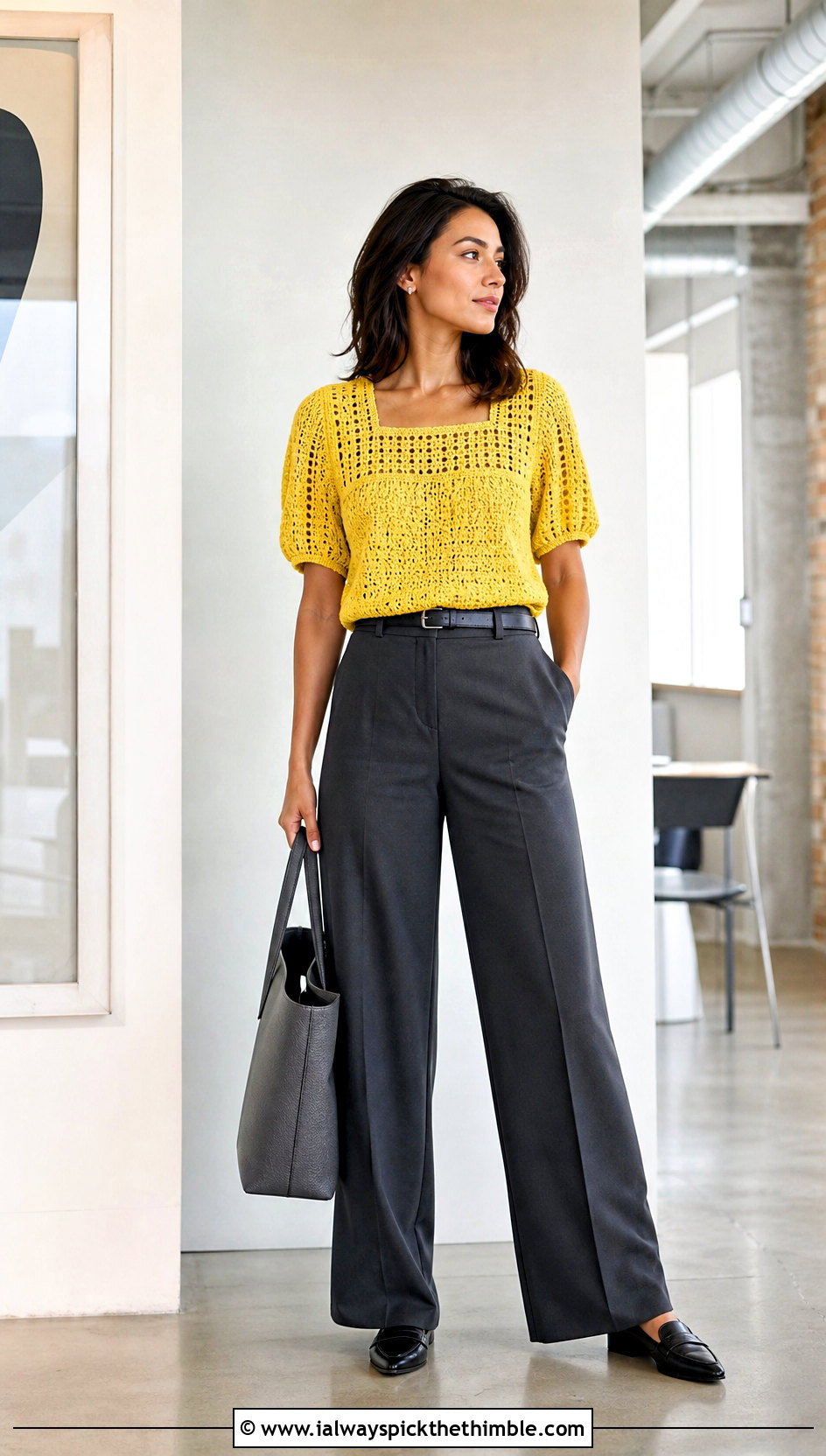 Square Yoke Crochet Shirt With Tailored Trousers - 15 Crochet Yoke Shirt outfit ideas
