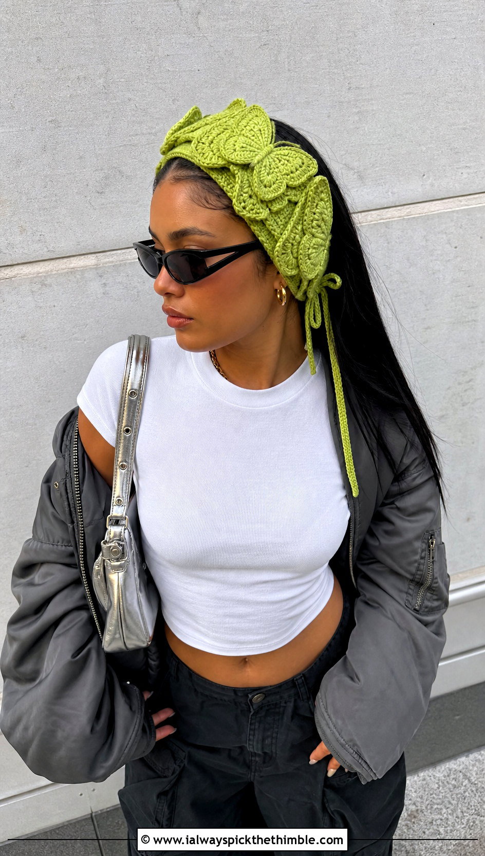 Stacked Butterfly Tie Crochet Headband With Cargo Pants - 15 crochet butterfly headband outfit ideas