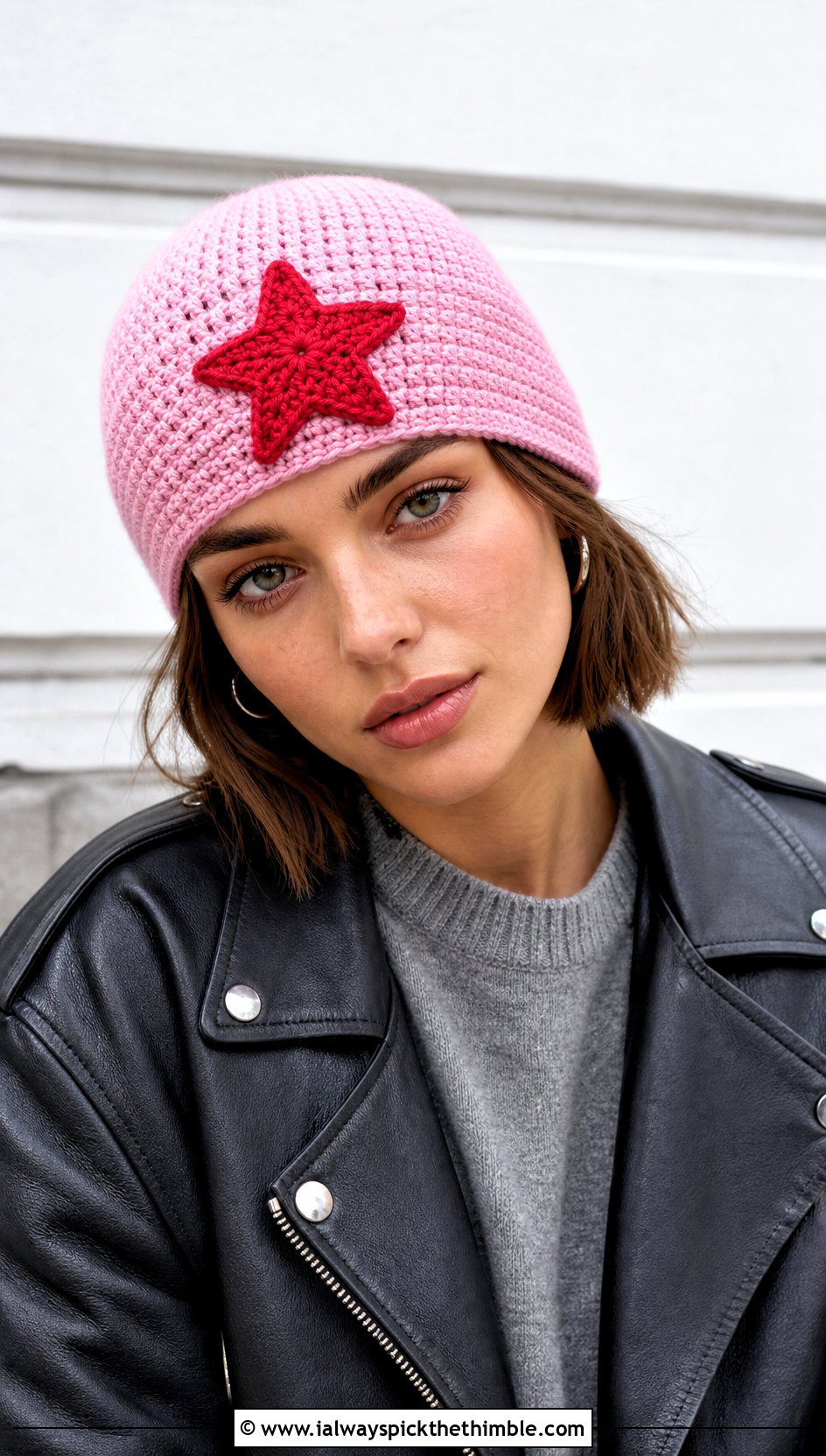 Star Applique Crochet Beanie With Leather Jacket - 25 crochet star beanie outfit ideas