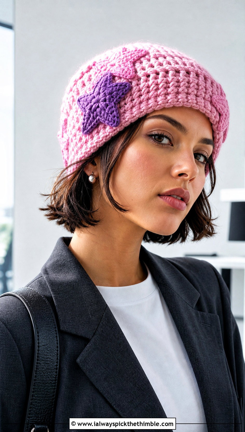 Star Applique Crochet Beanie With Tailored Blazer - 20 crochet star hat outfit ideas
