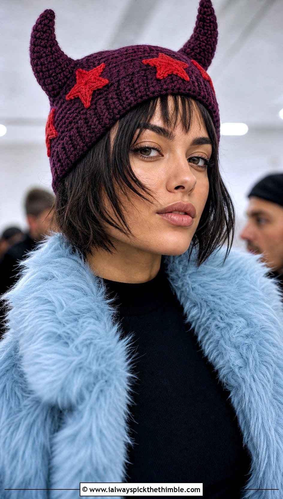 Star Applique Horned Crochet Beanie With Faux Fur Coat - 20 Crochet Horned Beanie outfit ideas
