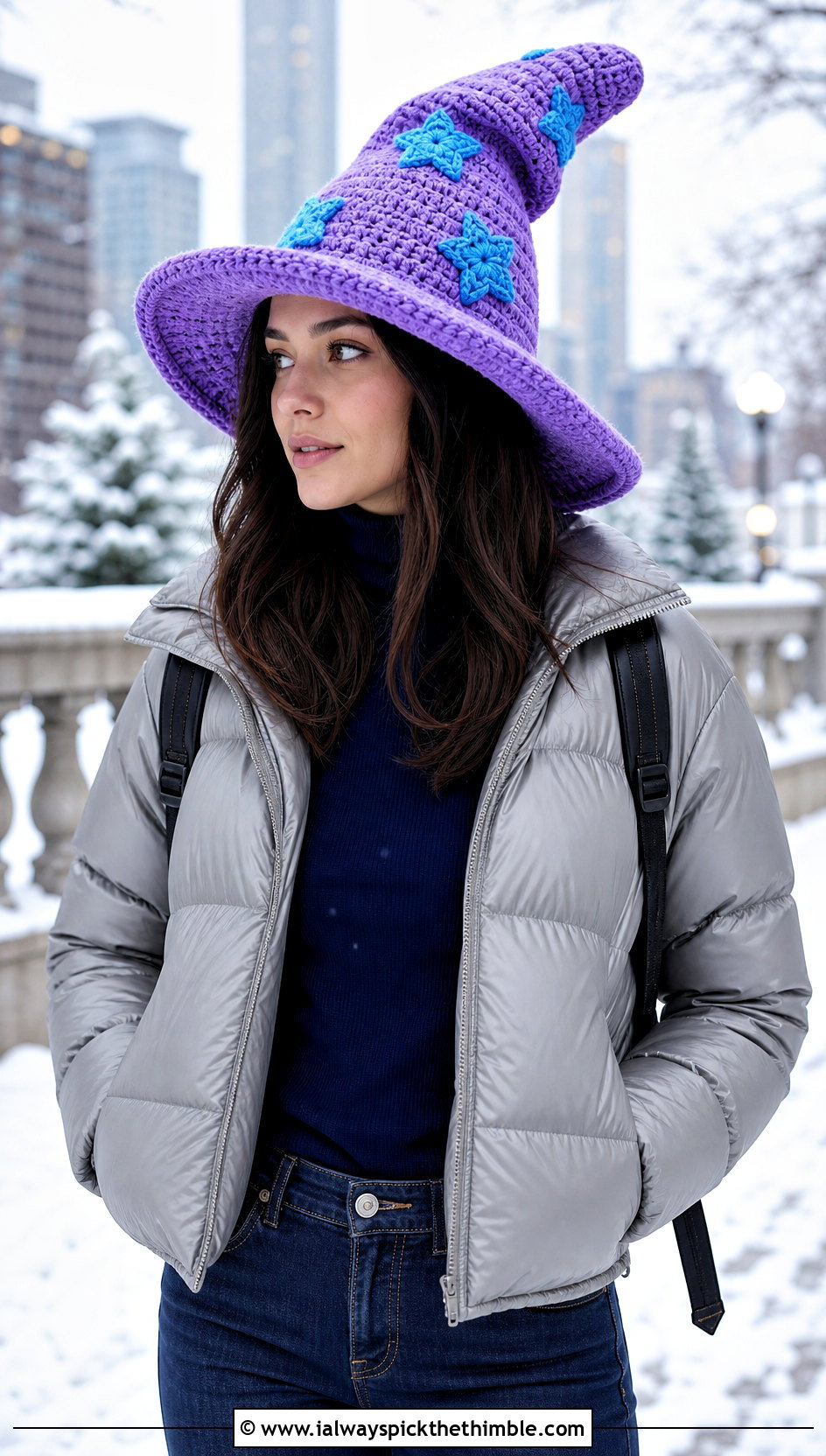 Star Applique Slouchy Crochet Witch Hat With Puffer Jacket - 20 slouchy crochet witch hat outfit ideas