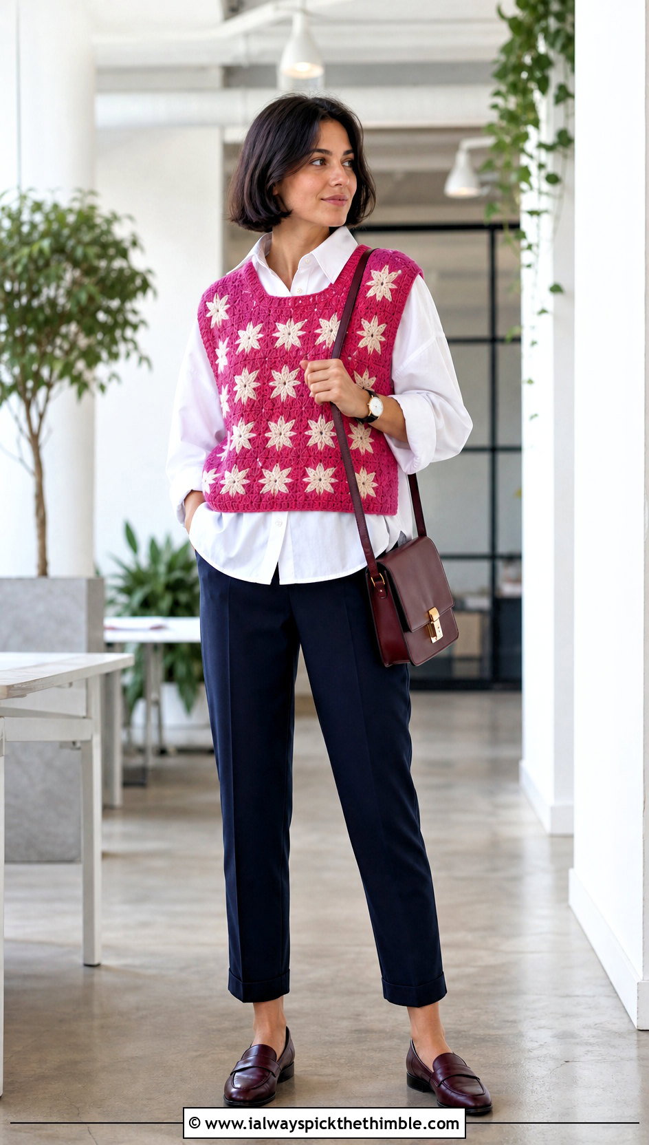 Star Crochet Sweater Vest With Button Down Shirt - 20 star crochet top outfit ideas