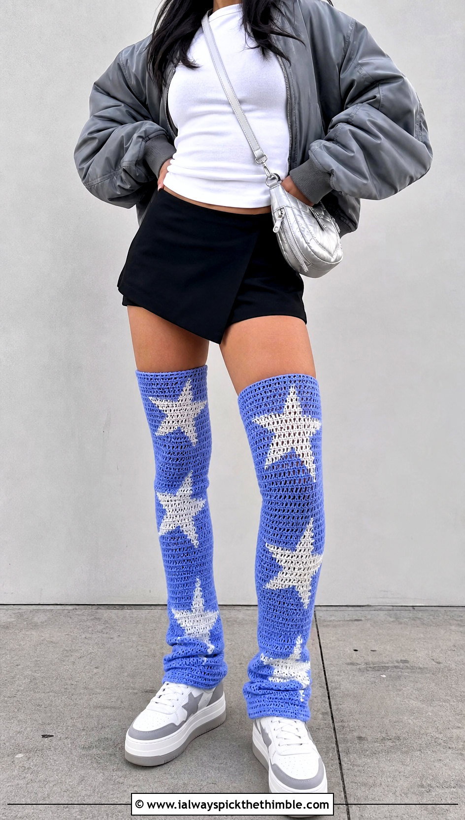 Star Crochet Thigh High Socks With Bomber Jacket - 25 crochet thigh high socks outfit ideas