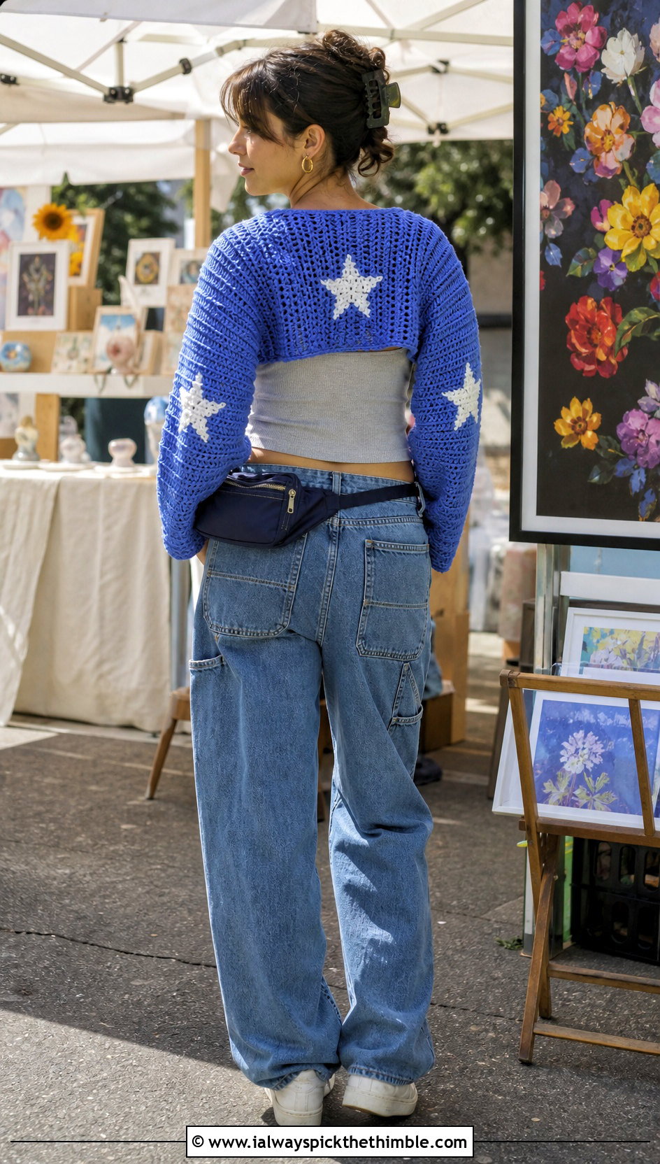 Star Detail Crochet Shrug With Carpenter Jeans - 20 cute crochet shrug outfit ideas