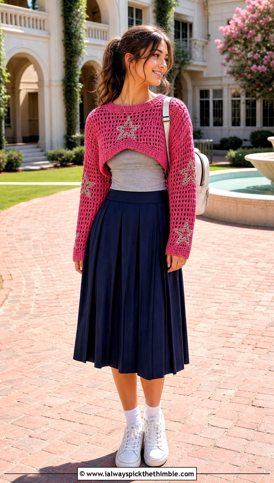 Star Detail Super Cropped Crochet Sweater With Pleated Skirt - 20 Super Cropped Crochet Sweater outfit ideas
