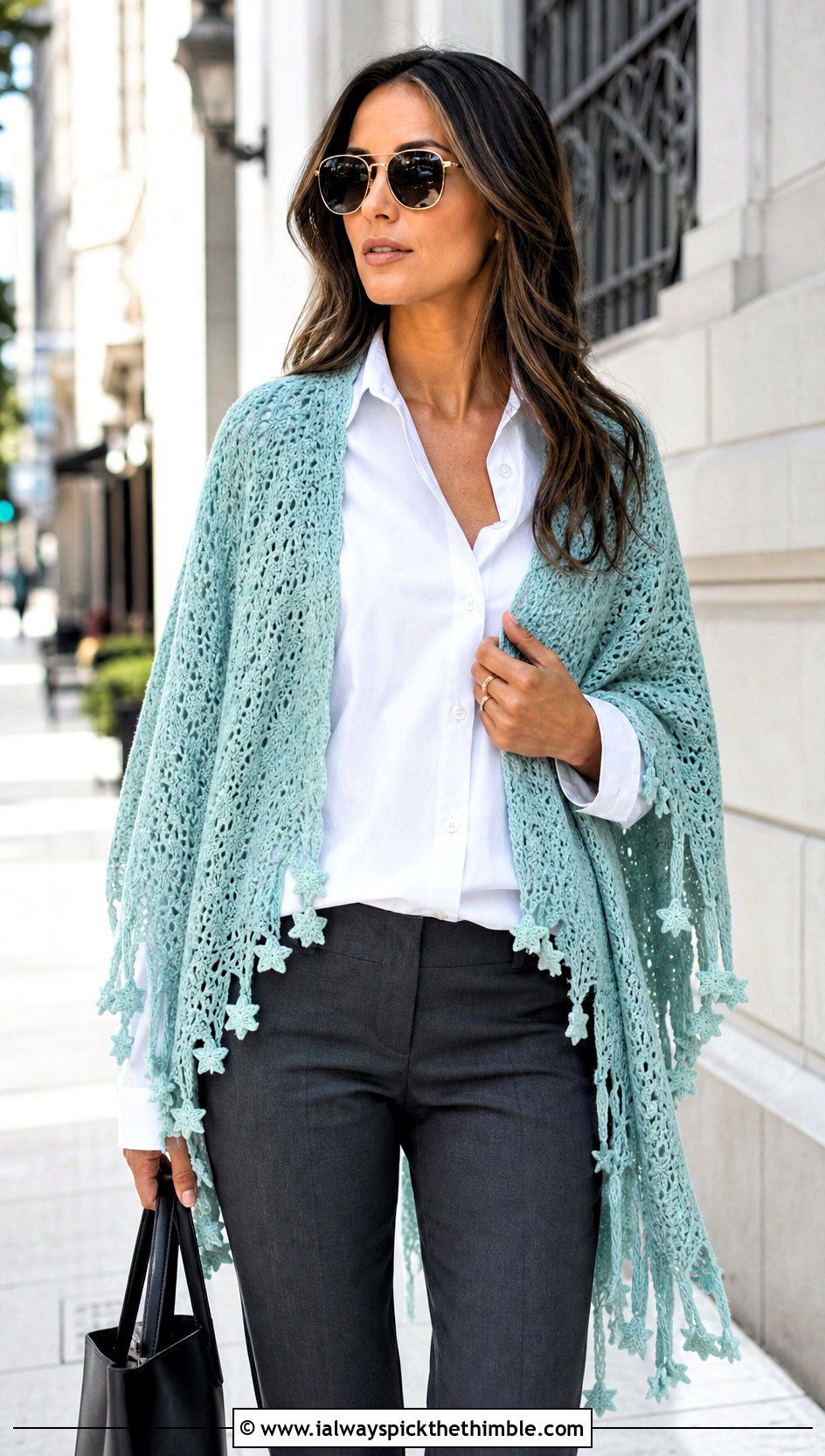 Star Fringe Crochet Shawl With White Shirt - 20 star crochet shawl outfit ideas