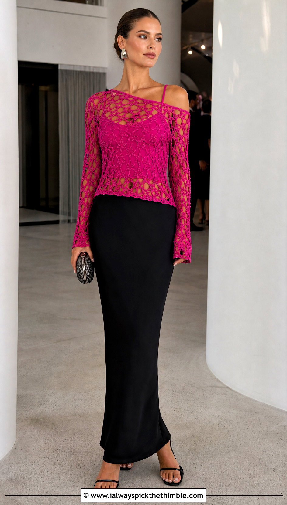 Star Mesh Crochet Top With Black Maxi Skirt - 25 crochet mesh top outfit ideas