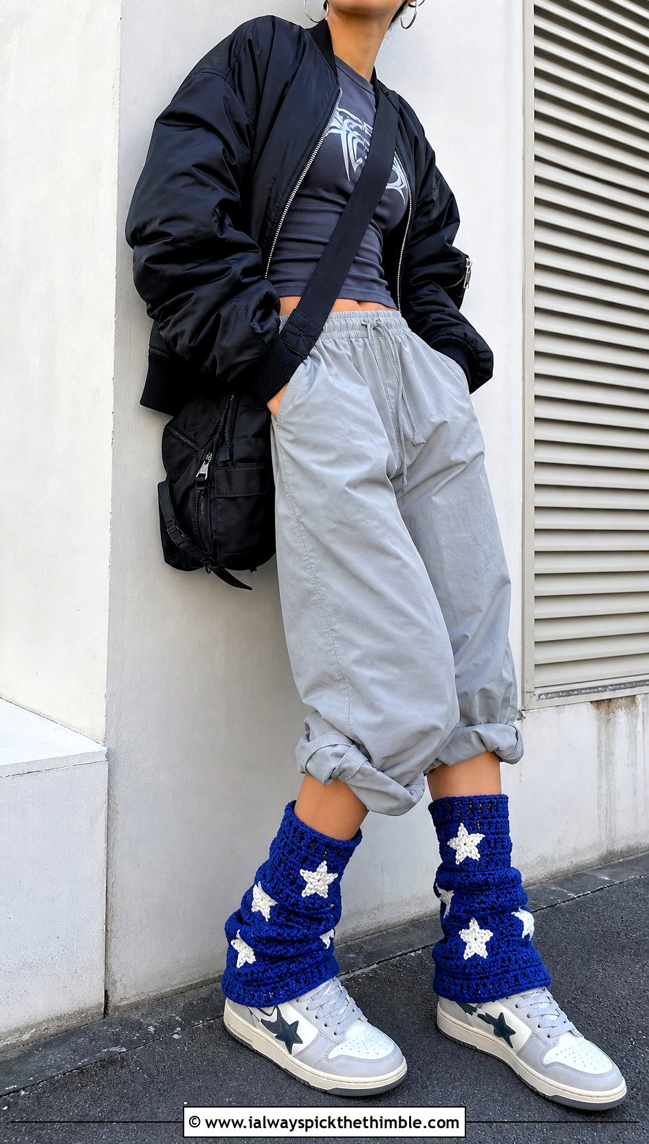 Star Motif Crochet Leg Warmers With Graphic Tee And Parachute Pants - 25 crochet leg warmers outfit ideas