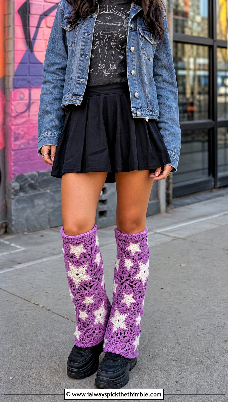Star Motif Crochet Leg Warmers With Skater Skirt And Graphic Tee - 20 cute crochet leg warmers outfit ideas