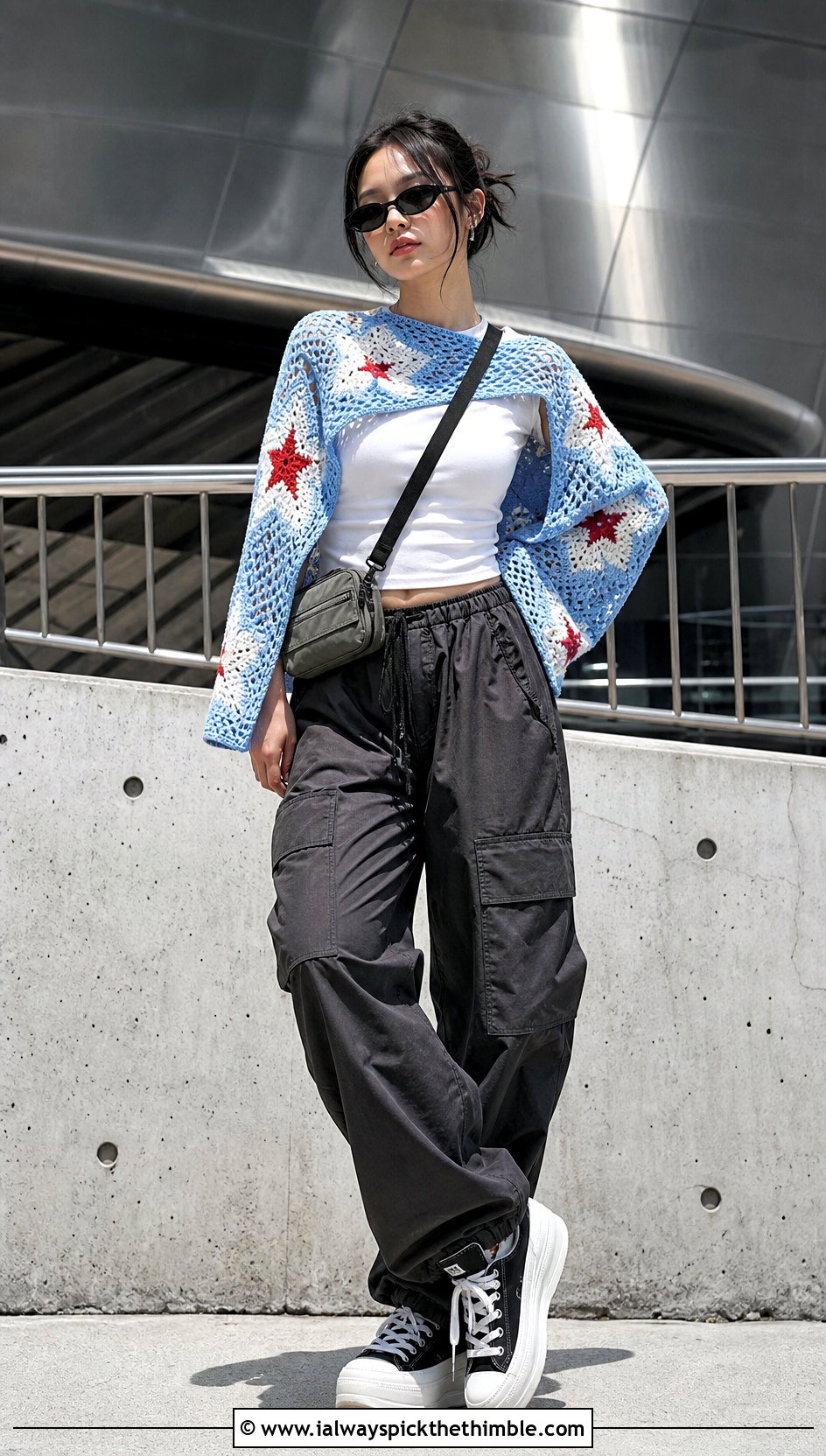 Star Motif Crochet Shrug Wrap With Parachute Pants - 20 crochet shrug wrap outfit ideas