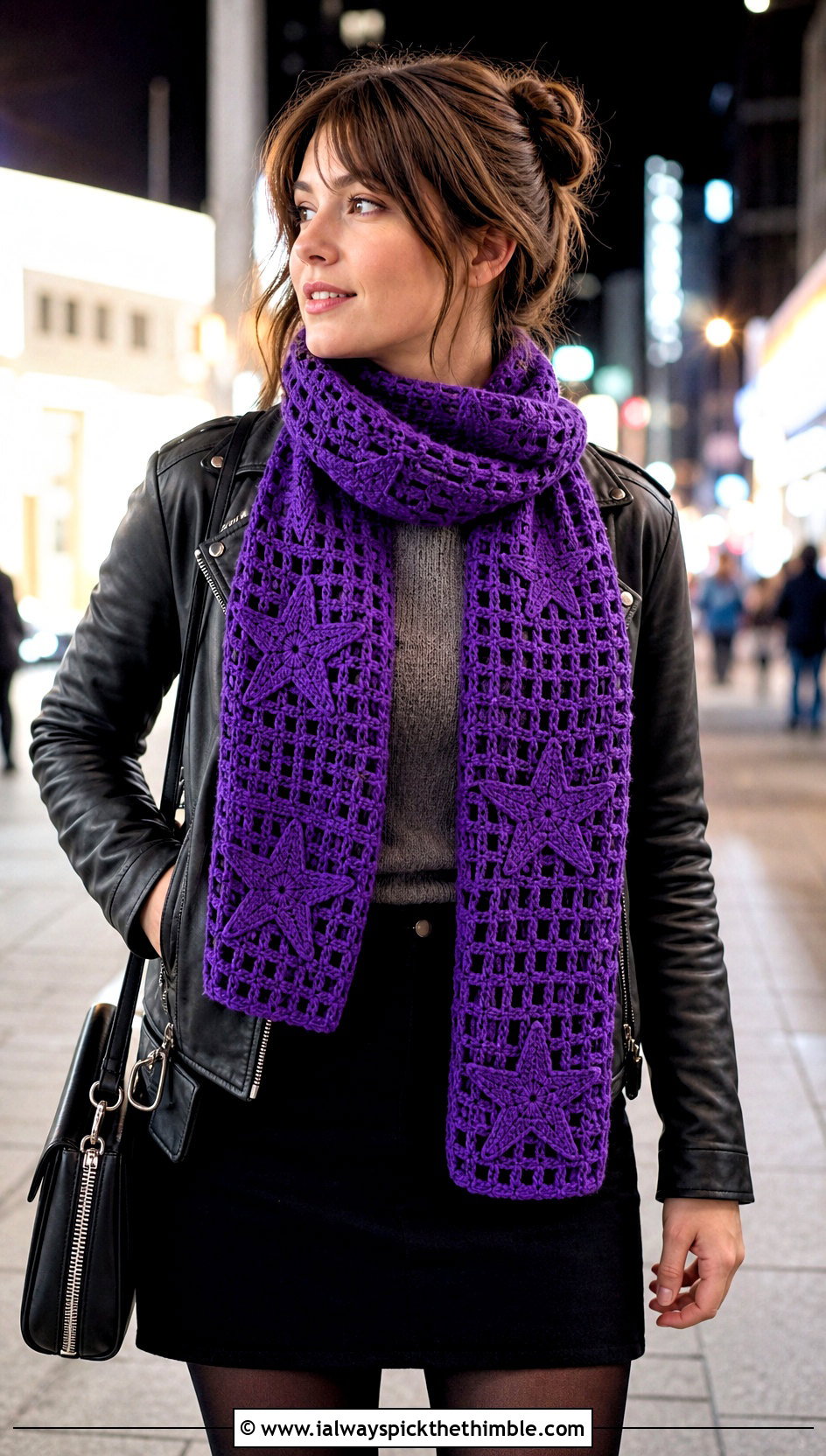 Star Motif Filet Crochet Scarf With A Moto Jacket And Mini Skirt - 25 filet crochet scarf outfit ideas
