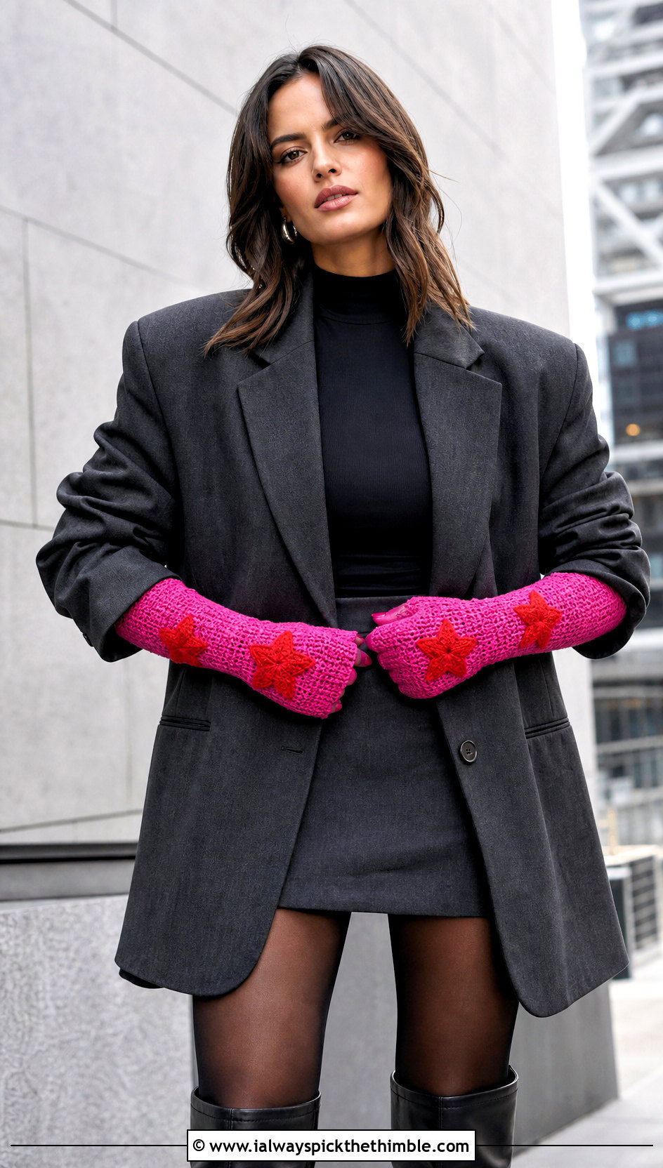 Star Motif Gauntlets With Blazer And Mini Skirt - 25 crochet star gloves outfit ideas
