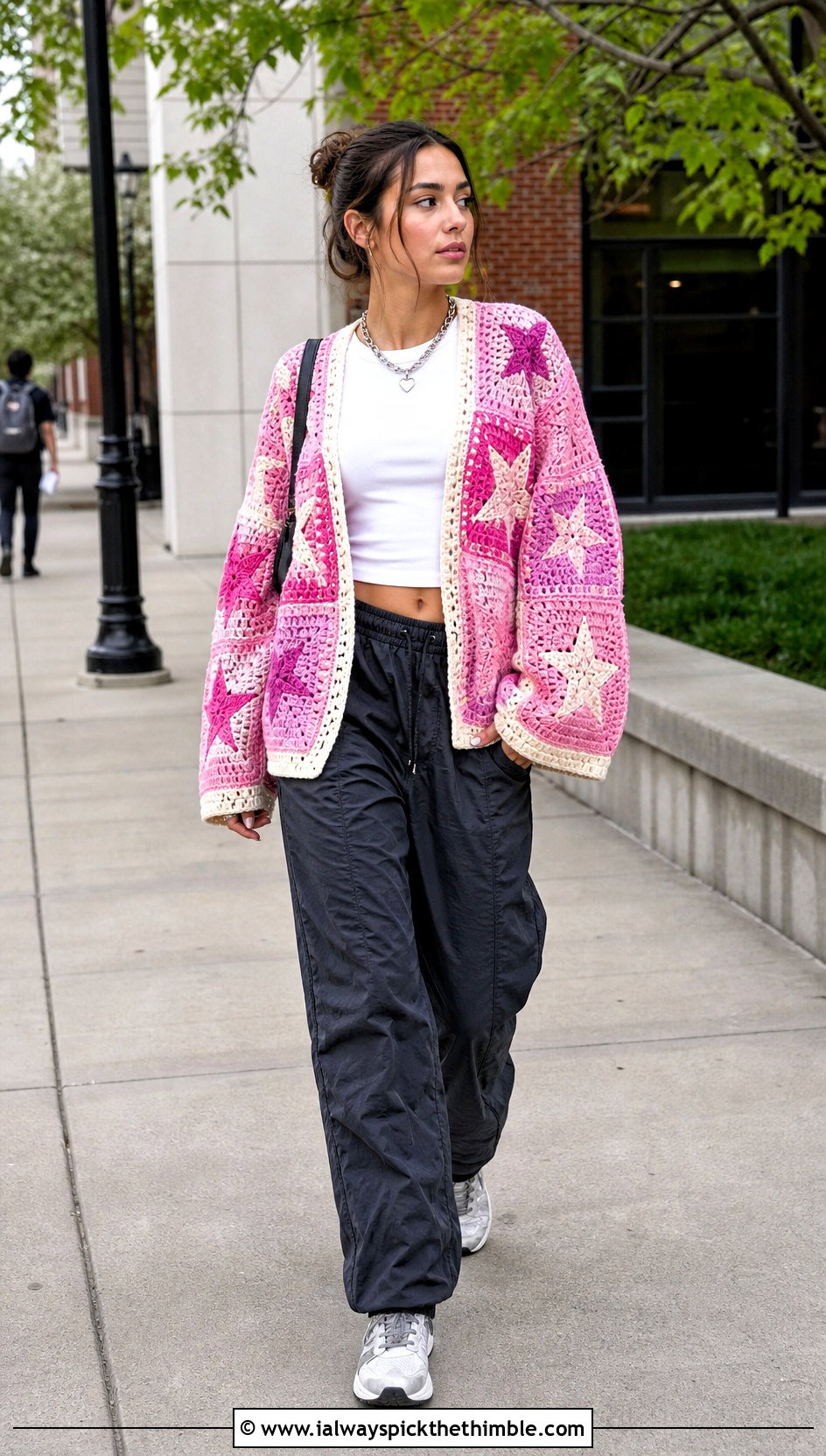 Star Motif Oversized Patchwork Crochet Cardigan With Parachute Pants - 15 oversized patchwork crochet cardigan outfit ideas