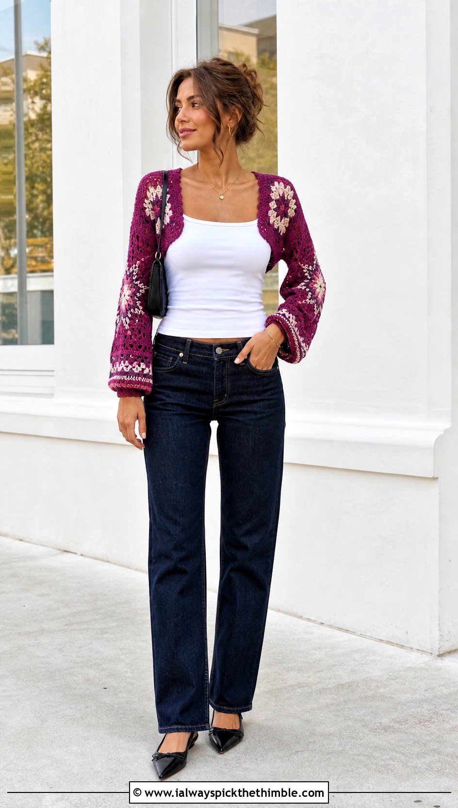 Star Motif Tapestry Crochet Bolero With Tank And Jeans - 20 crochet tapestry clothes and outfit ideas