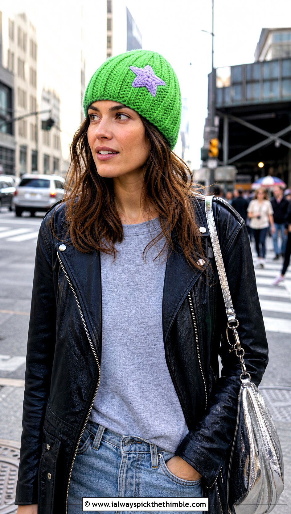 Star Patch Crochet Beanie With Leather Jacket - 20 Kawaii Crochet Hat outfit ideas