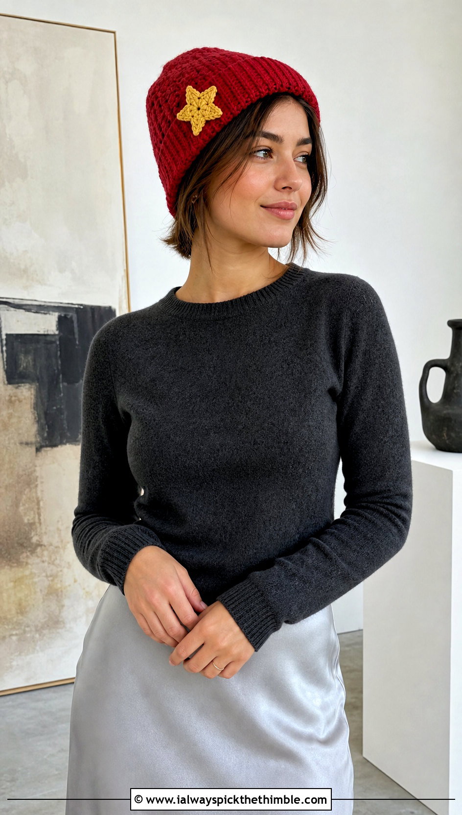 Star Patch Cuffed Beanie With Satin Midi Skirt - 25 crochet star beanie outfit ideas