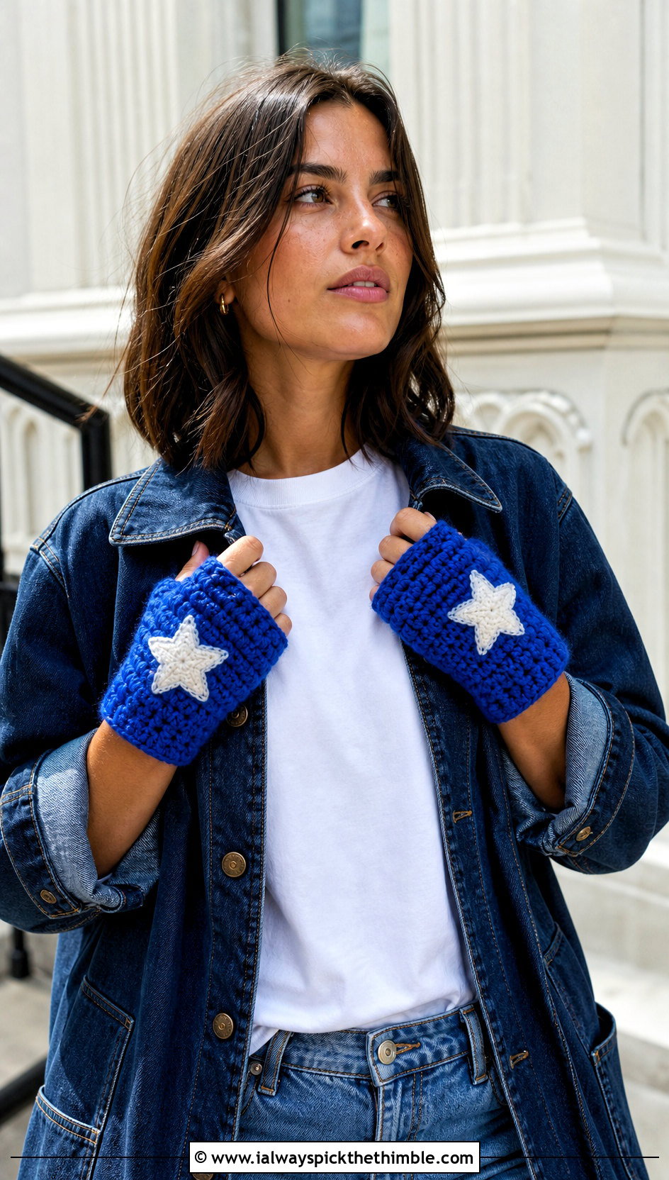 Star Patch Fingerless Gloves With Denim Jacket - 25 crochet star gloves outfit ideas