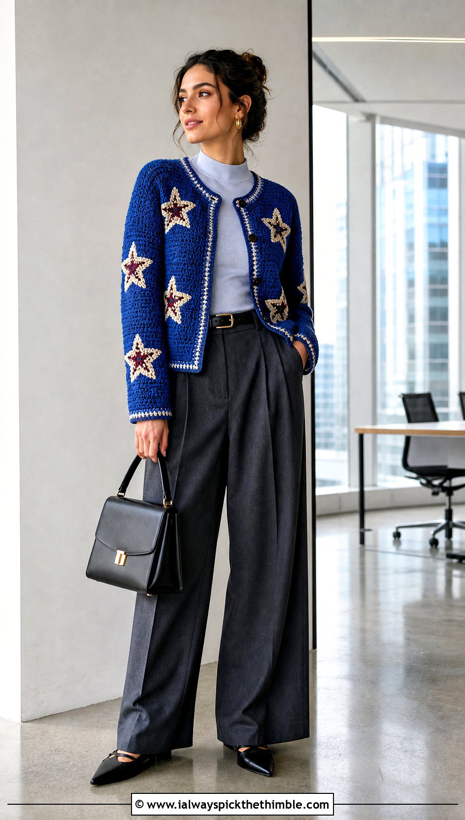 Star Patch Folklore Crochet Cardigan With Pleated Trousers - 20 folklore crochet cardigan outfit ideas