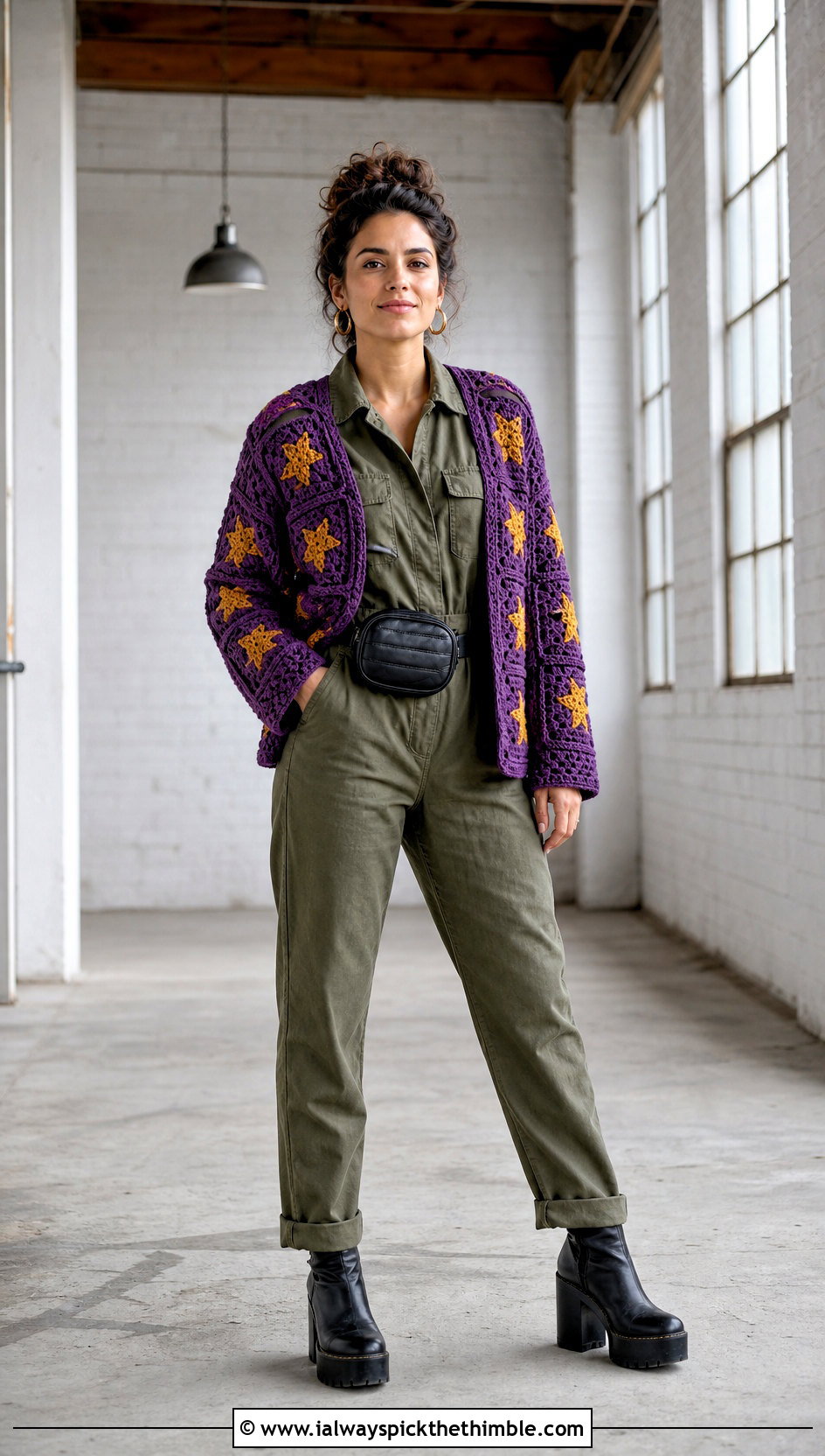 Star Square Patch Crochet Cardigan With Utility Jumpsuit - 20 Square Patch Crochet Cardigan outfit ideas