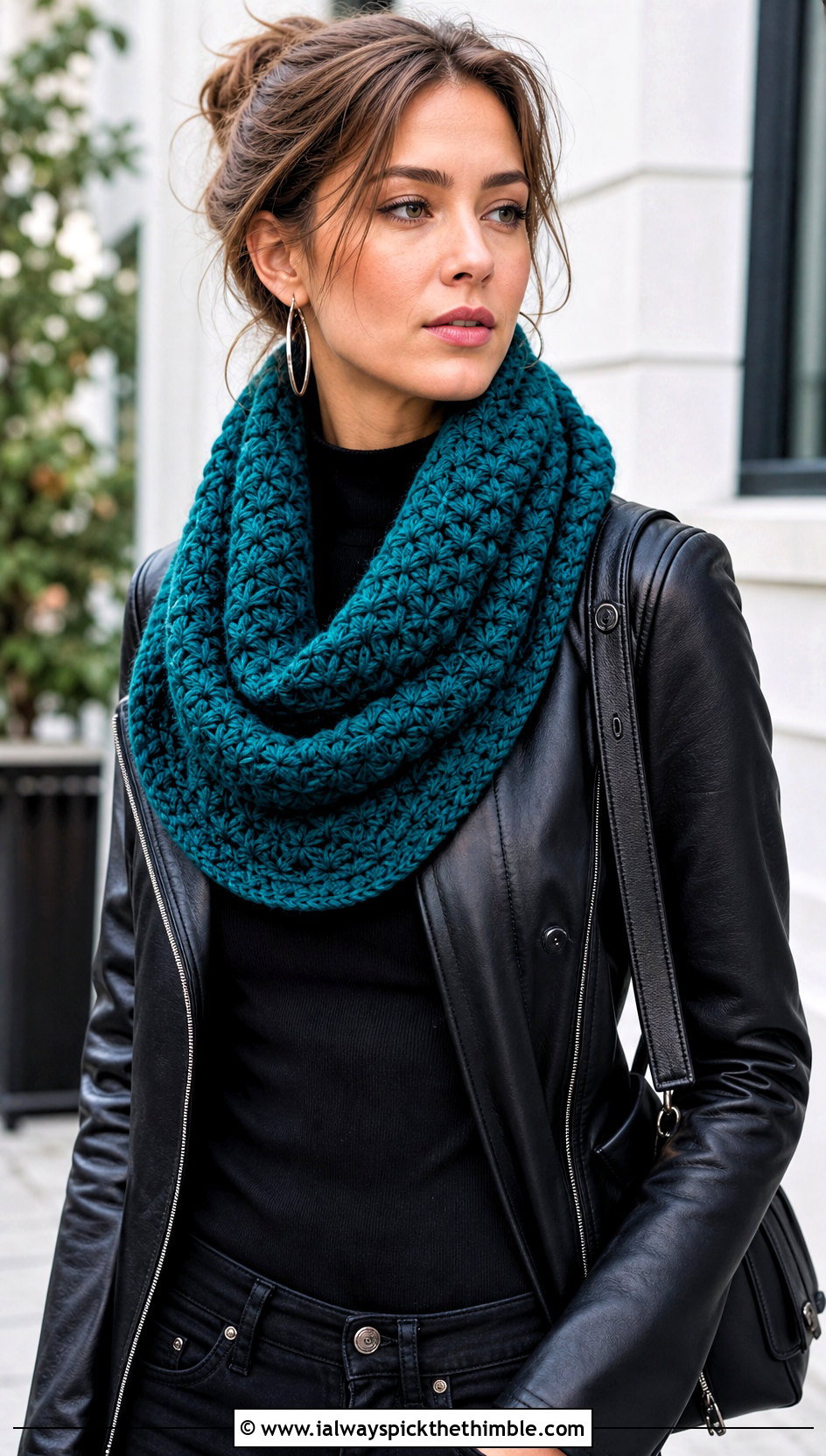 Star Stitch Cowl With Leather Jacket - 20 Crochet Star Stitch Scarf outfit ideas