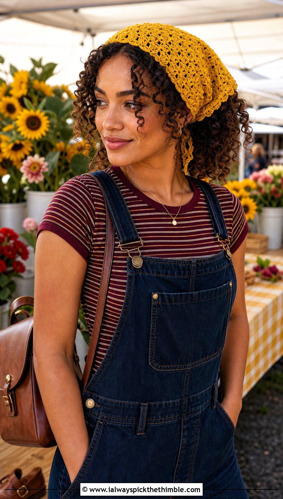 Star Stitch Crochet Bandana Scarf With Denim Overalls - 25 crochet bandana scarf outfit ideas