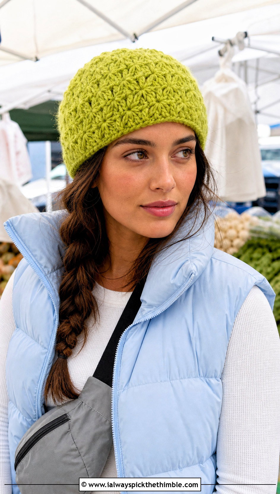 Star Stitch Crochet Beanie With Puffer Vest - 20 crochet star hat outfit ideas
