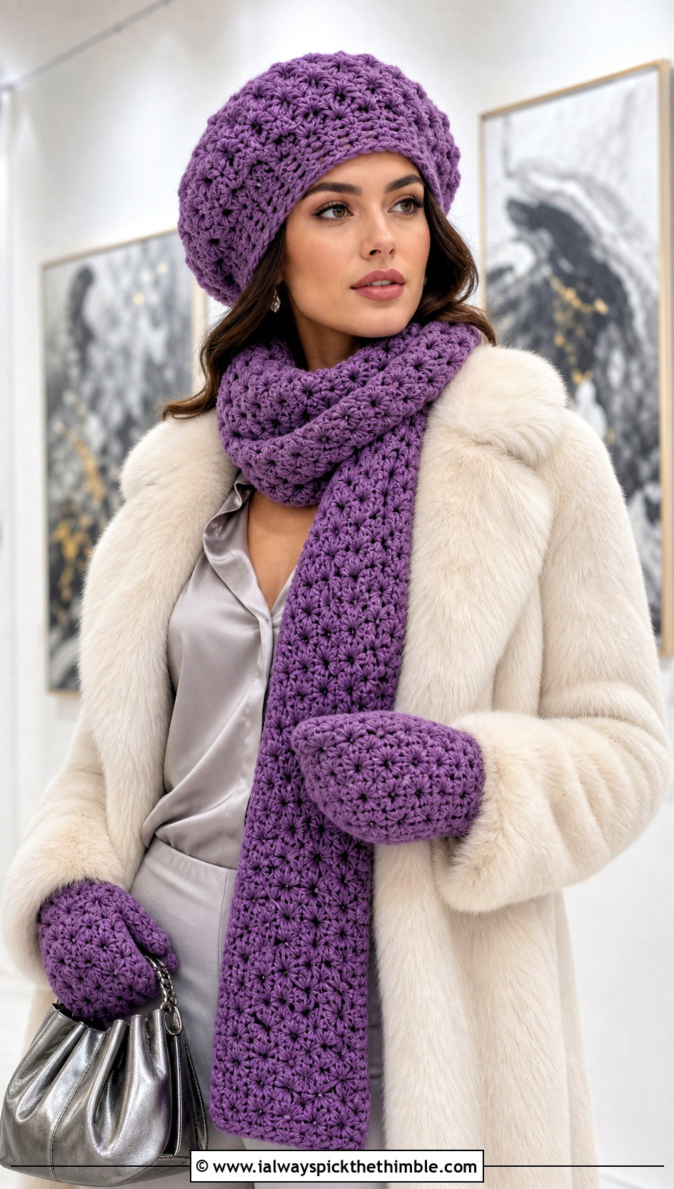 Star Stitch Crochet Beret Draped Scarf And Mittens With Faux Fur Coat - 20 Crochet Hat Mittens Scarf Set outfit ideas