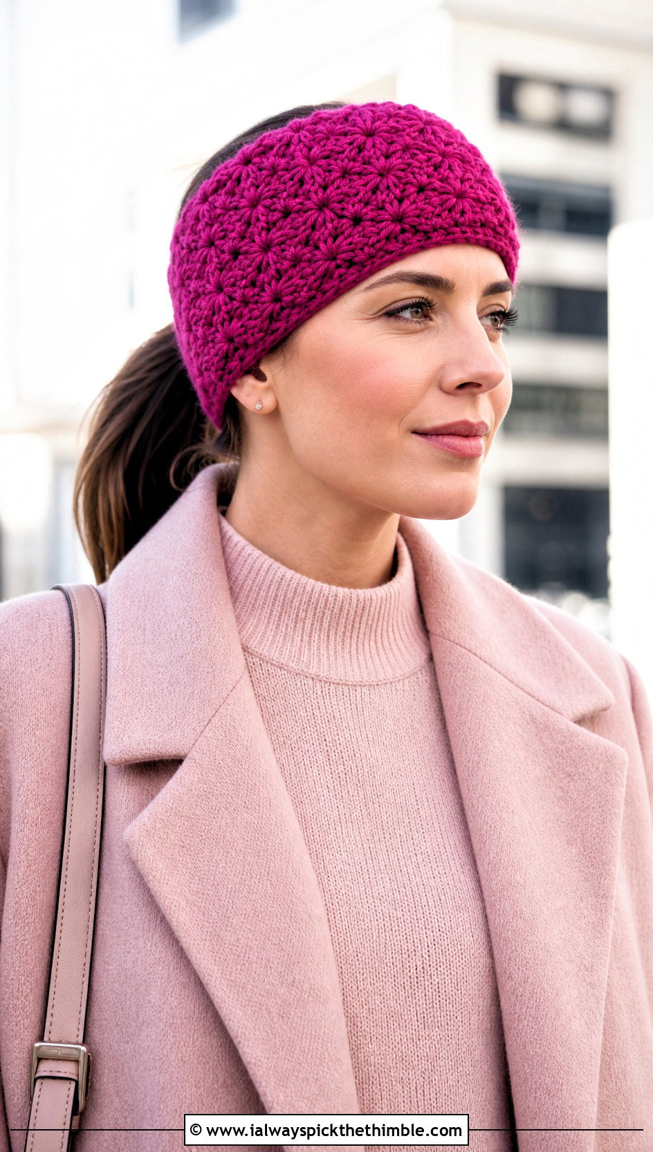 Star Stitch Crochet Ear Warmer With Monochrome Outfit - 20 Quick Crochet Ear Warmer outfit ideas