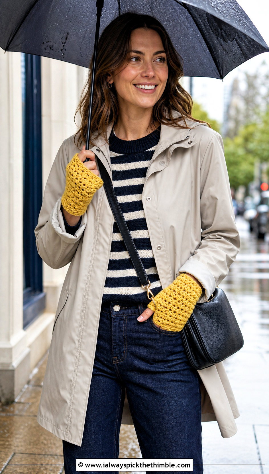 Star Stitch Crochet Fingerless Gloves With a Raincoat - 25 crochet fingerless gloves outfit ideas