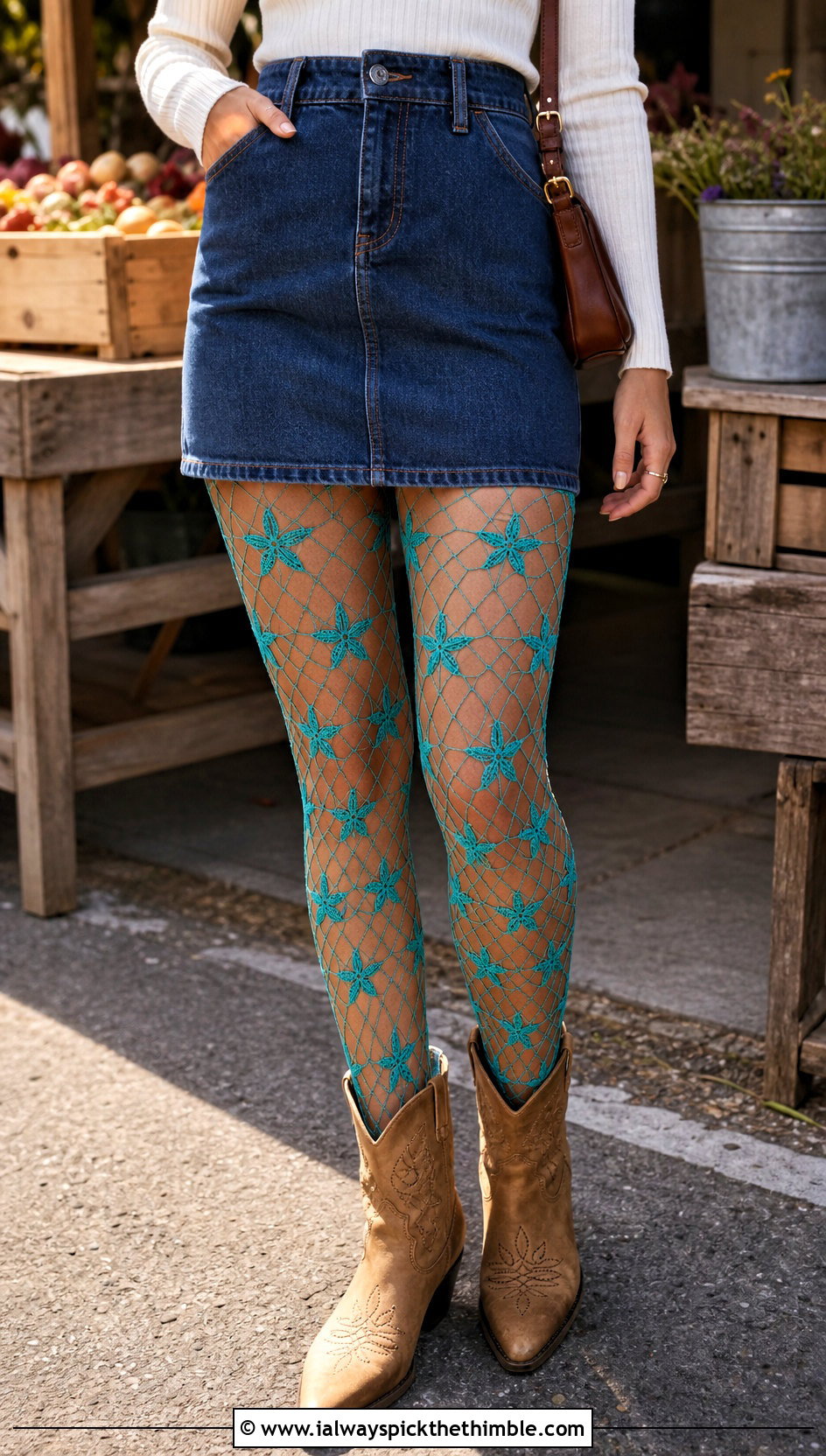 Star Stitch Crochet Fishnet Stockings With Denim Dress - 25 crochet fishnet stockings outfit ideas