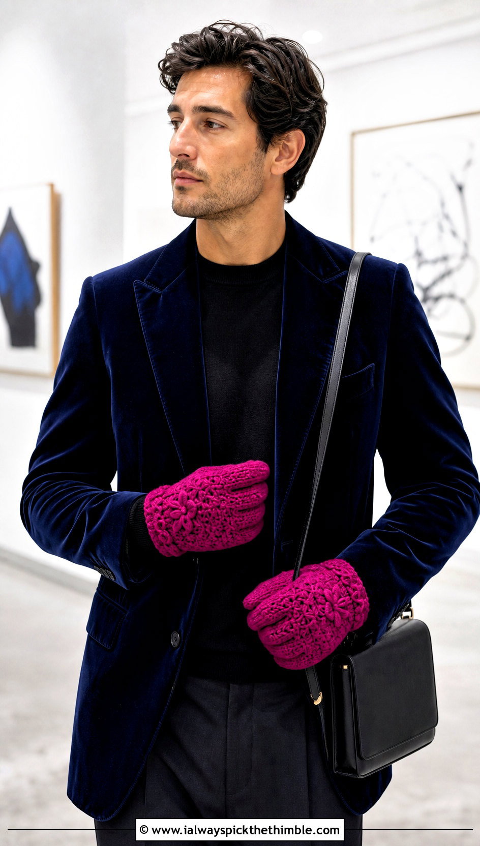 Star Stitch Crochet Gloves With Velvet Blazer - 25 crochet gloves for men outfit ideas