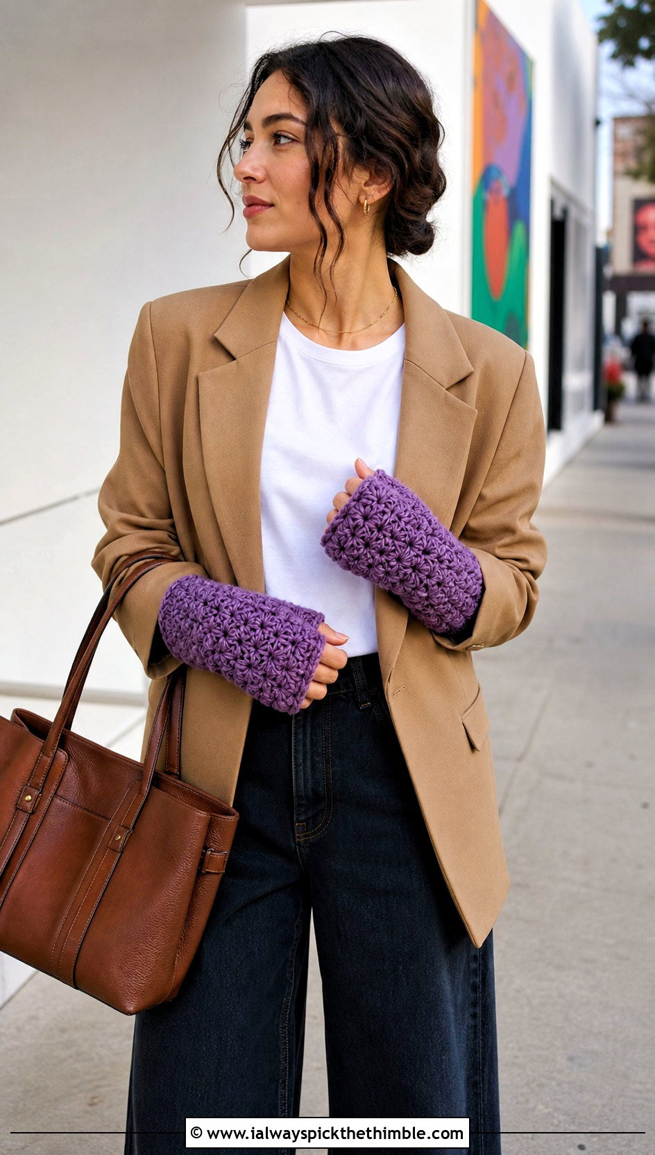 Star Stitch Crochet Hand Warmers With Blazer And Jeans - 25 crochet hand warmers outfit ideas