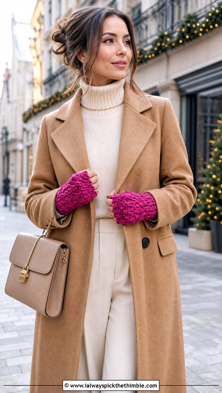 Star Stitch Crochet Hand Warmers With Wool Coat - 20 easy crochet hand warmers outfit ideas
