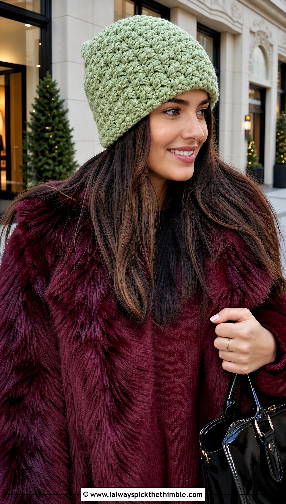 Star Stitch Crochet Hat With Faux Fur Coat And Knit Set - 20 easy crochet winter hat outfit ideas