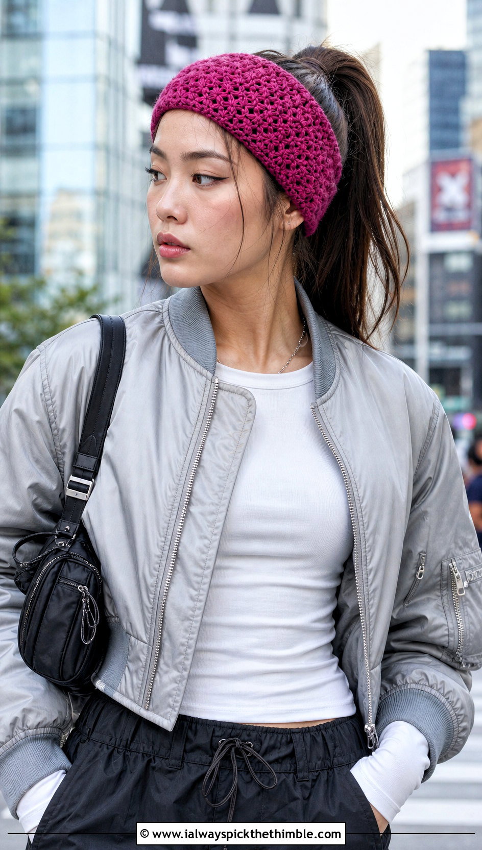 Star Stitch Crochet Headband With Bomber Jacket And Parachute Pants - 25 crochet headbands outfit ideas