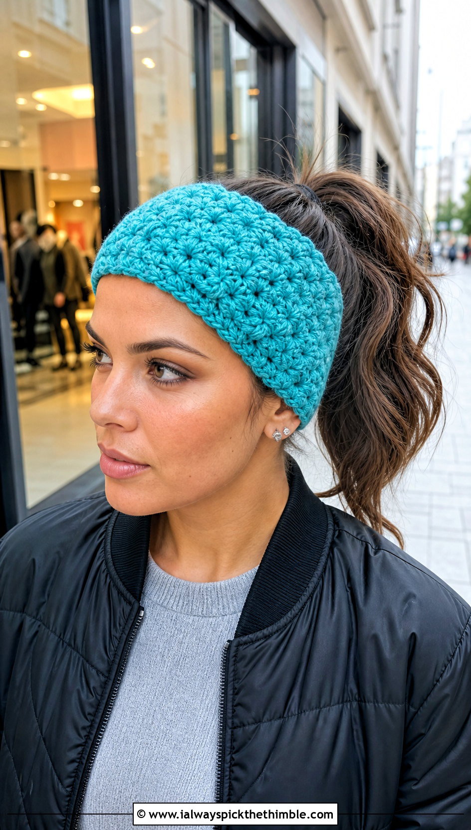 Star Stitch Crochet Headband With Bomber Jacket - 25 winter crochet headband outfit ideas