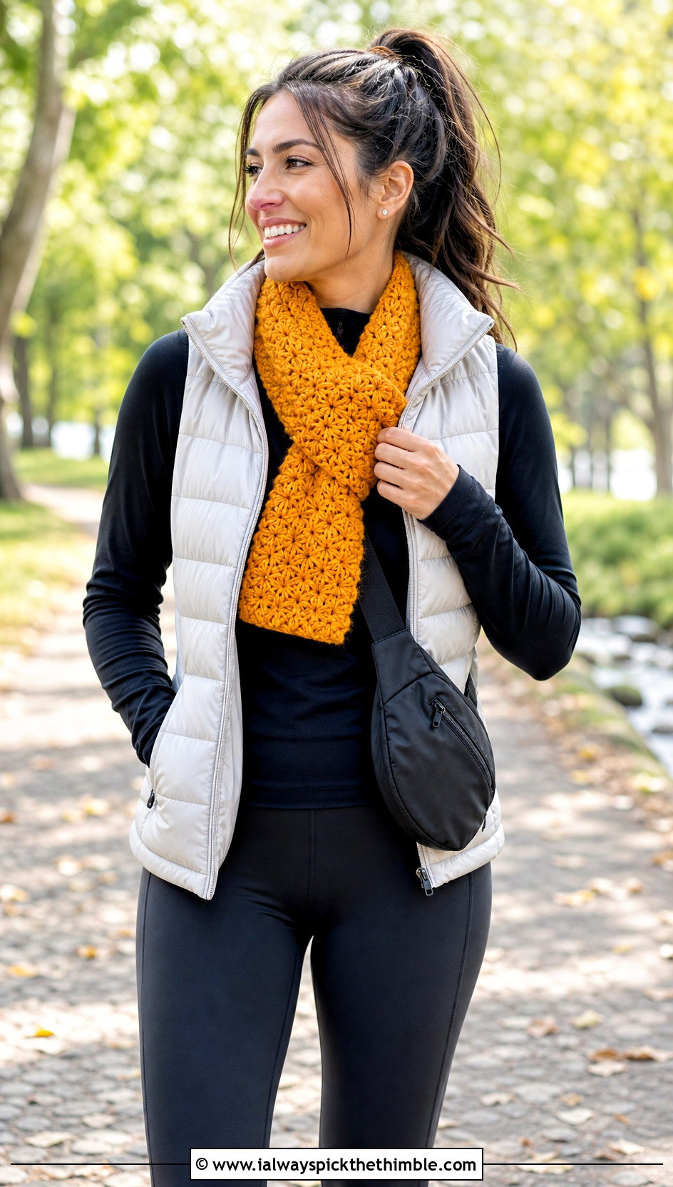 Star Stitch Crochet Mini Scarf With Puffer Vest And Leggings - 25 crochet mini scarf outfit ideas