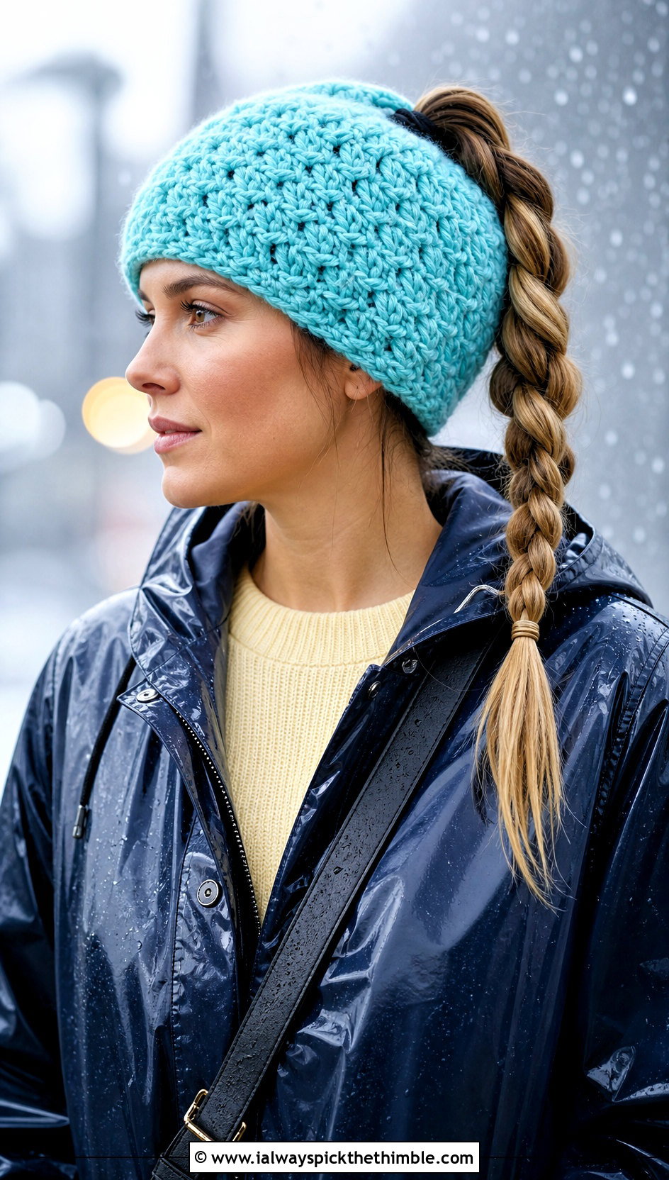 Star Stitch Crochet Ponytail Beanie With Raincoat - 20 Crochet Ponytail Beanie outfit ideas
