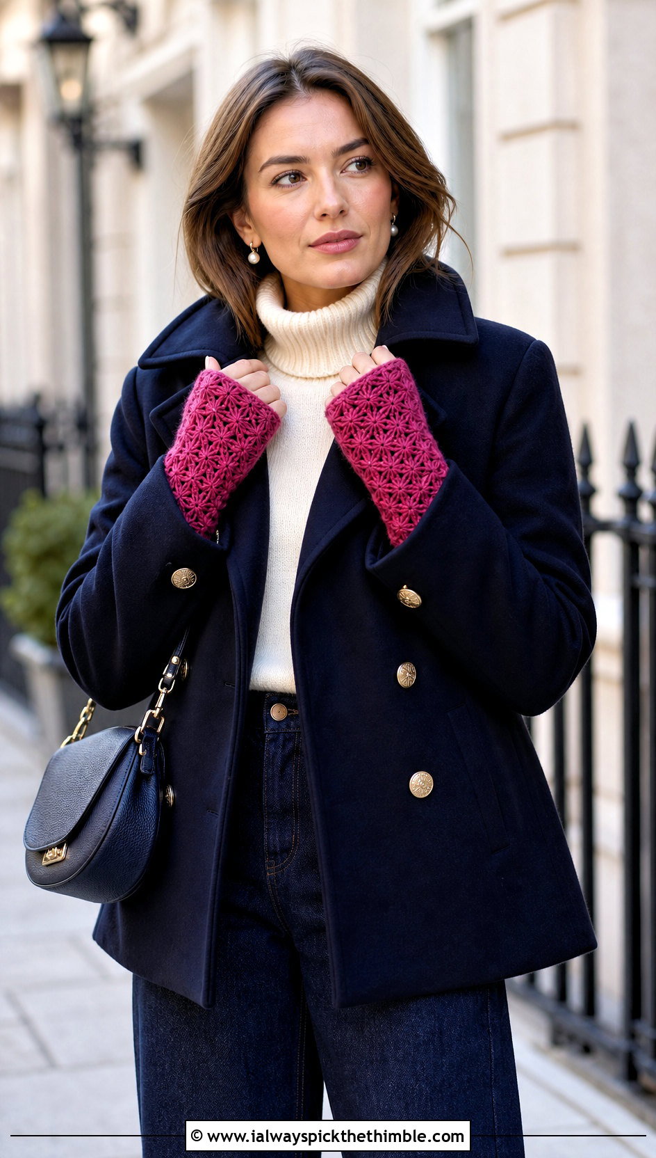 Star Stitch Crochet Wrist Warmers With Peacoat And Wide Leg Jeans - 25 crochet hand warmer outfit ideas