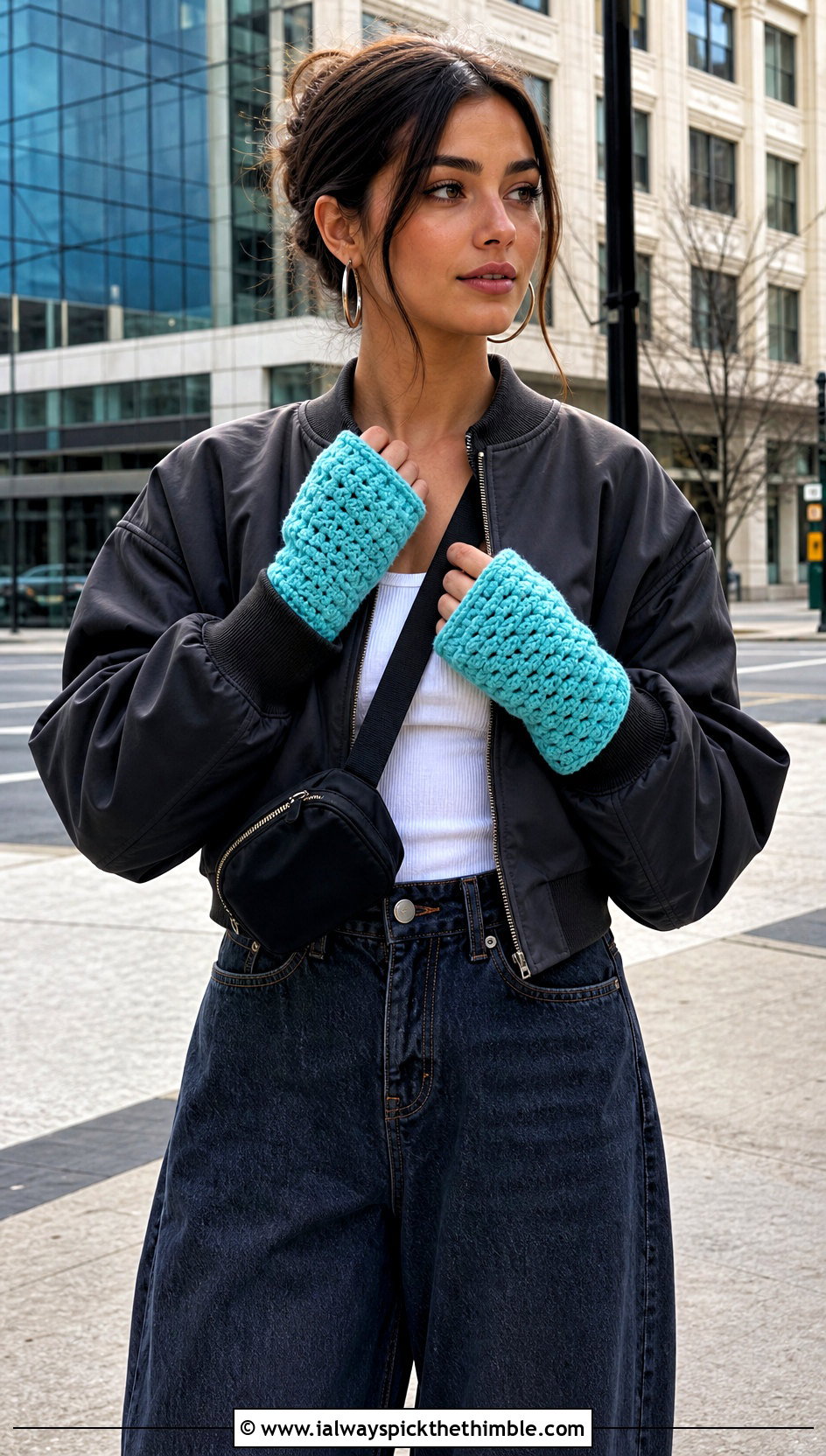 Star Stitch Crocheted Fingerless Gloves With Bomber Jacket And Wide Leg Jeans - 20 crocheted fingerless gloves outfit ideas