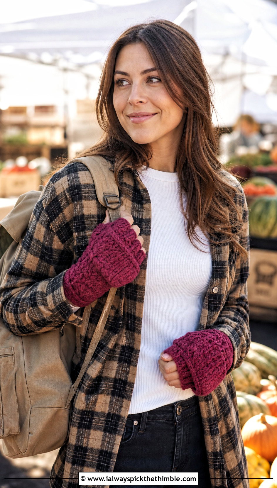 Star Stitch Flap Crochet Gloves With Plaid Overshirt - 20 crochet fingerless gloves with flap outfit ideas