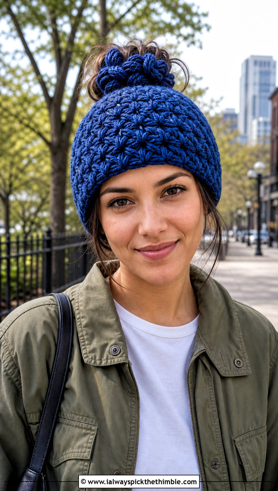 Star Stitch Messy Bun Beanie With Utility Jacket And Black Jeans - 25 crochet bun hat outfit ideas