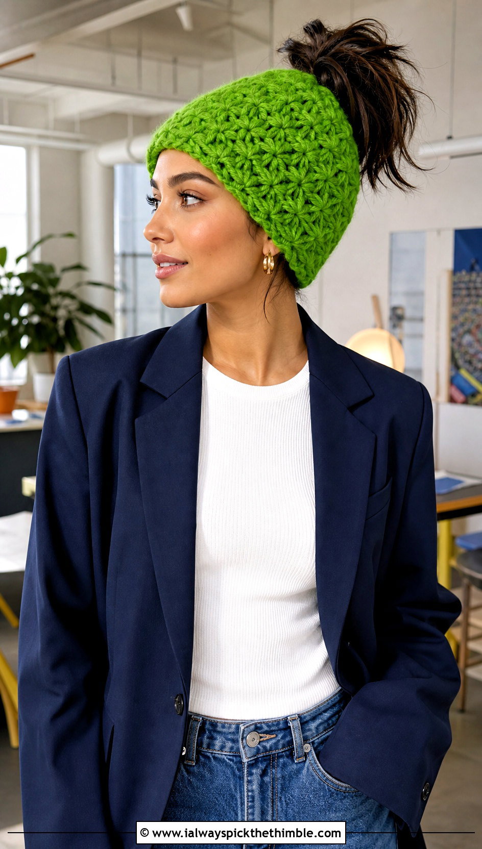 Star Stitch Messy Bun Crochet Hat With Blazer And Jeans - 25 crochet messy bun hat outfit ideas