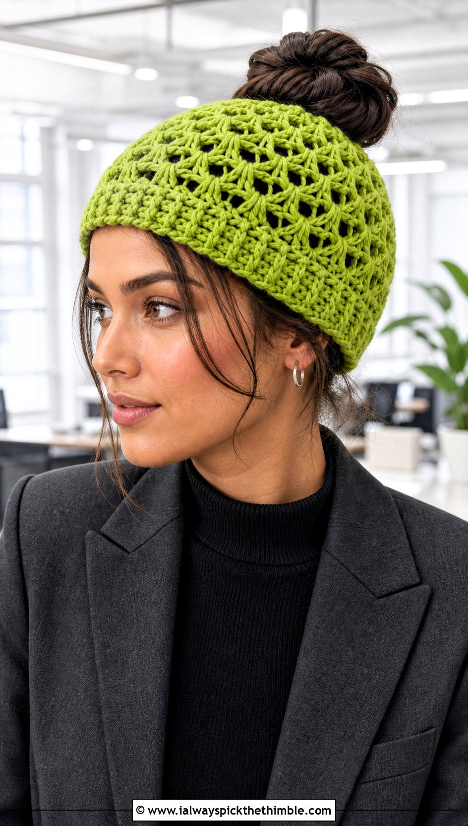 Star Stitch Messy Bun Crochet Hat With Blazer - 20 Messy Bun Crochet Hat outfit ideas