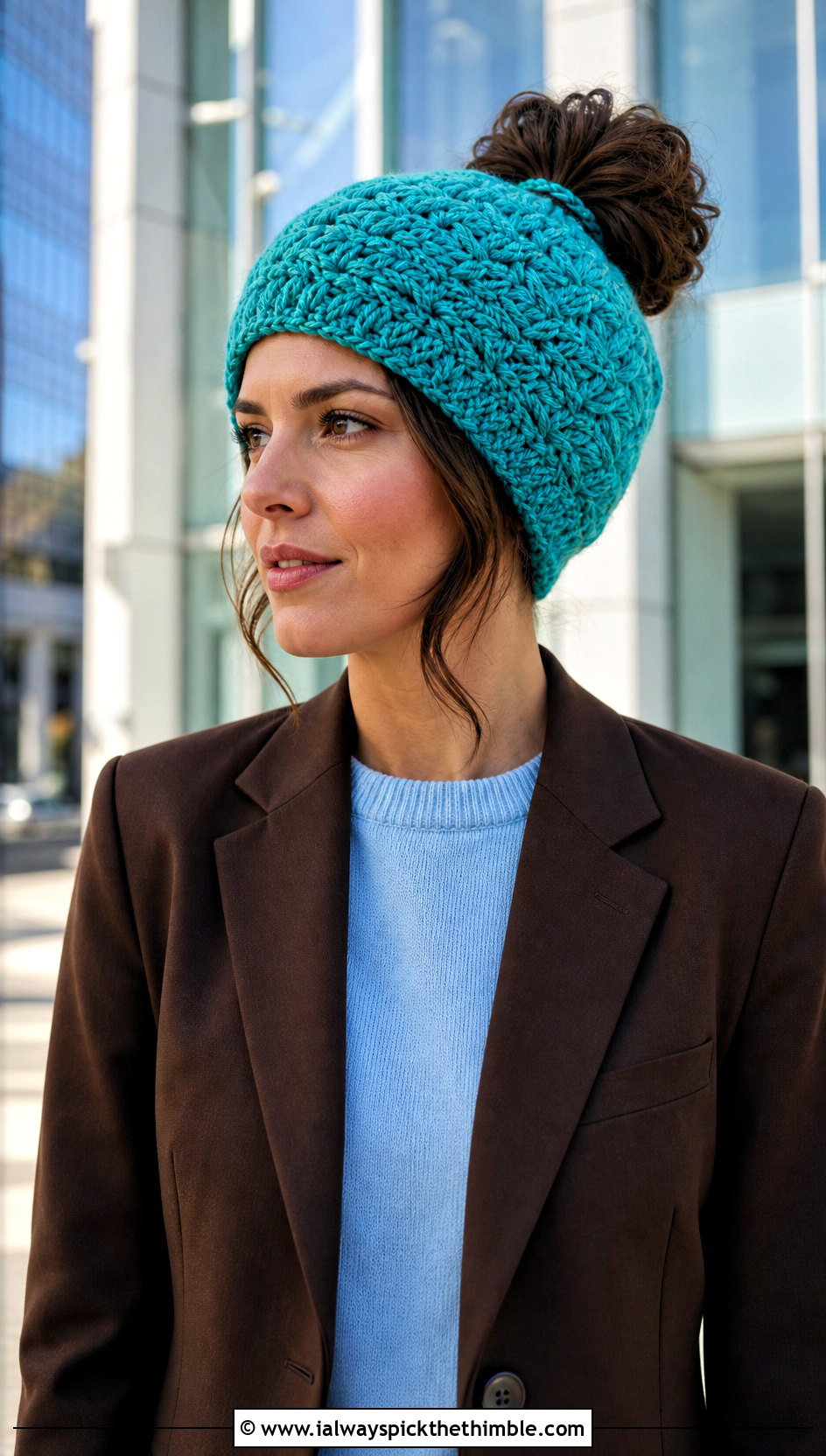 Star Stitch Messy Bun Crochet Hat With Pantsuit - 20 messy bun crochet hat with hair tie outfit ideas